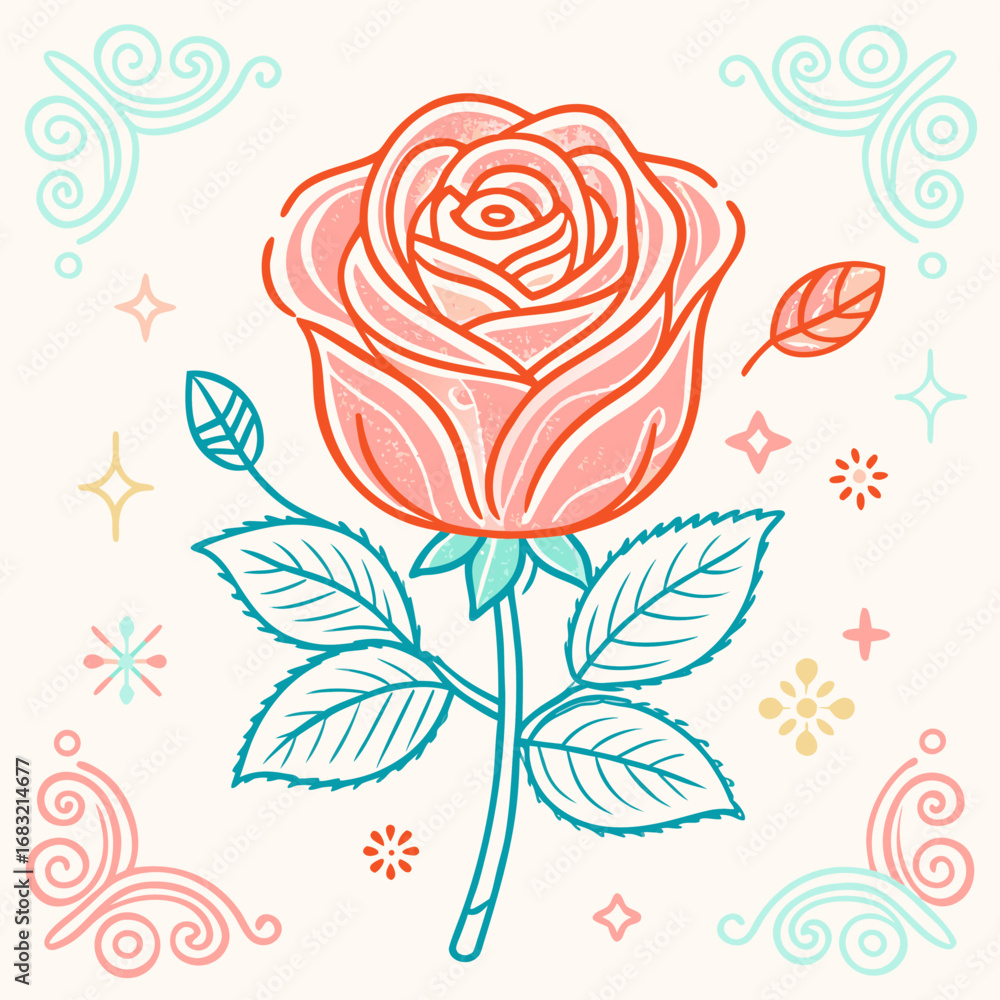 Poster stylized rosebud with delicate leaves and soft background patterns