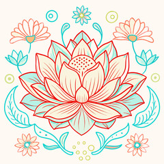 Single lotus flower viewed from above surrounded by simple designs