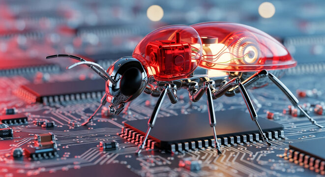 Robotic insect on circuit board, red translucent body, metallic legs, symbolizes technological advancement, cyber security, or system vulnerability