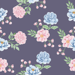 Blue and Pink Rose Watercolor Seamless Pattern