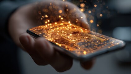 Hand holding a smartphone with glowing circuit board overlay
