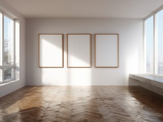 Fototapeta premium A room with three empty picture frames on the wall