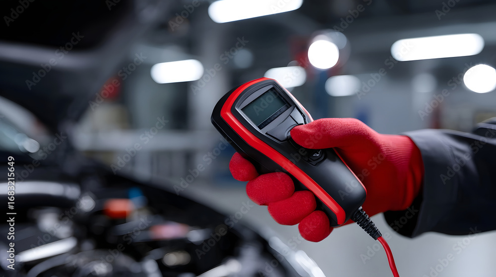 Poster close-up view of a mechanic's hand holding a digital diagnostic tool to analyze and troubleshoot a c