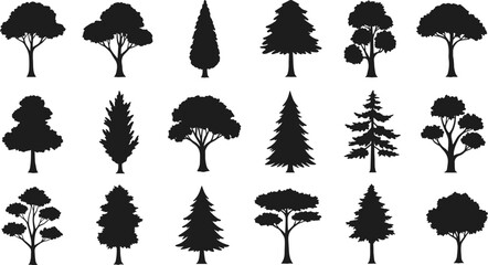 Variety of Tree Silhouettes Vector Icons Including Deciduous and Evergreen Trees for Nature, Forest, Garden, and Landscaping Design ProjectsVariety of 