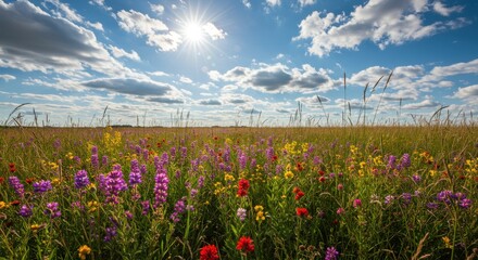 A vibrant expanse of wildflowers under a bright summer sky, showcasing a profusion of colors and textures in a field.