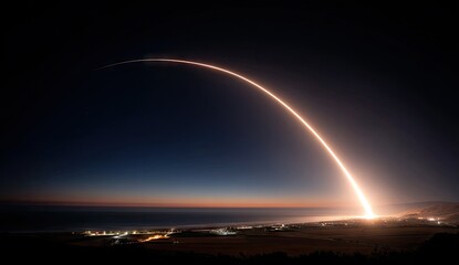 A magnificent, illuminated rocket launch trajectory arcs across the twilight sky, casting a dramatic glow over the coastal landscape below.