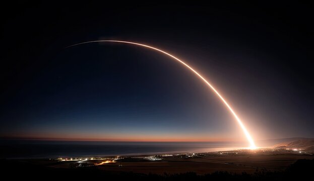 A magnificent, illuminated rocket launch trajectory arcs across the twilight sky, casting a dramatic glow over the coastal landscape below.