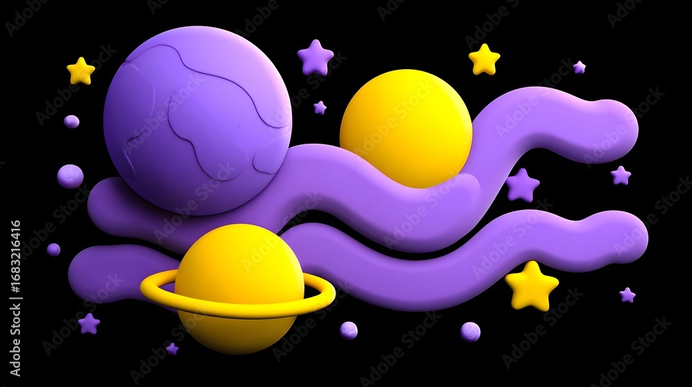 Poster imaginative, surreal composition featuring abstract, vibrant planetary shapes and celestial elements