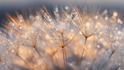 Close-up of a dandelion seed head with dew drops, illuminated by golden light