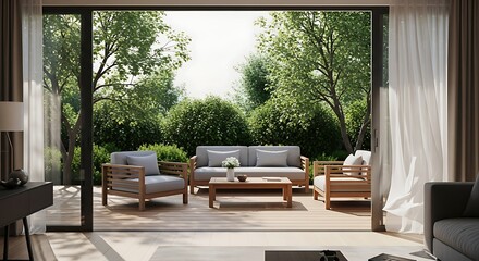 Fototapeta premium Modern Patio with Wooden Furniture and Lush Garden