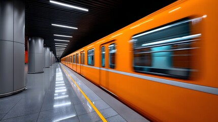 Blurred motion of an orange subway train speeding through a modern underground transportation corridor with grey walls and blue lighting.