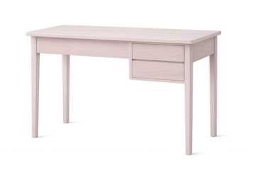 Pale pink wooden desk featuring two drawers, minimalist design, clean backdrop highlighting modern workspace aesthetic
