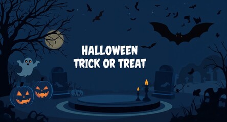 Spooky Halloween night landscape featuring an eerie graveyard, flying bats, and glowing jack-o'-lanterns under a haunting full moon
