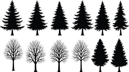 Vector collection of pine and leafless tree silhouettes in black for nature designs, forest scenes, seasonal themes, winter landscapes, outdoor projects