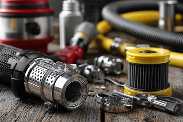 Spare parts collection for vacuum repair on wooden surface Generative AI