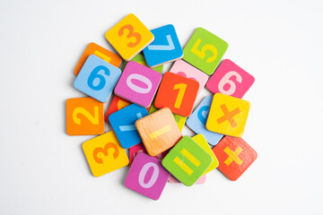 Number wood block cubes for learning Mathematic, education math.