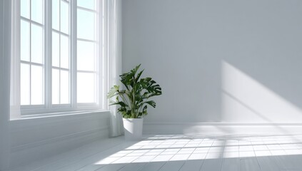 Empty bright white room with large window