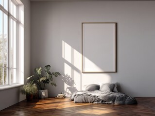 A white room with a bed and a plant