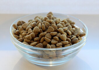 Dry balanced food for cats or dogs in a glass transparent bowl on a white background.