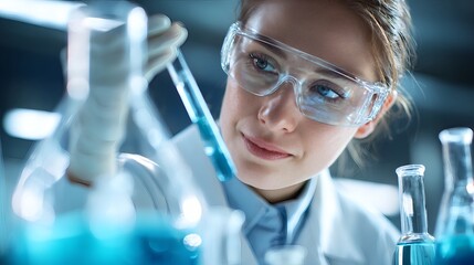 Focused female scientist examining test tube with blue solution in modern laboratory, close-up with safety goggles