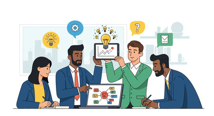 Four diverse business professionals collaborating on innovative ideas and data analysis during a strategic meeting.