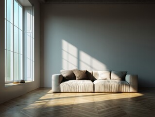 A white couch is in a room with a window