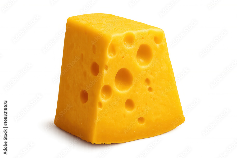 Poster swiss cheese slice displaying signature holes, cut triangularly, resting on transparent backdrop