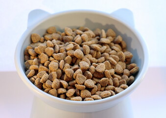 Dry cat food in a funny plastic bowl in the shape of a cat's head on a white background.