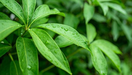 Close-up of lush green leaves with water droplets