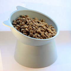 Dry cat food in a funny plastic bowl in the shape of a cat's head on a white background.