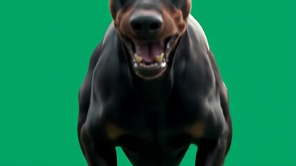 Black and brown doberman dog with an open mouth, perfect for pet care, veterinary clinic, or animalrelated designs. Iconic breed representation.