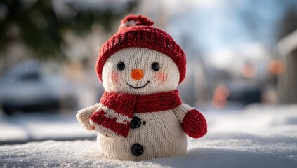 A knitted snowman in the snow, cheerful expression