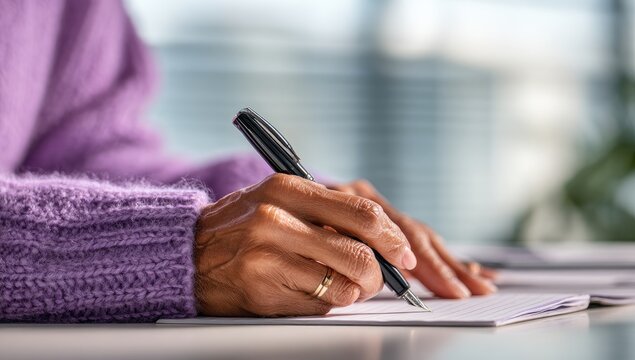 Close-up of hands writing in notebook.  Purple sweater, black pen.  Focus on hands and pen - Powered by Adobe