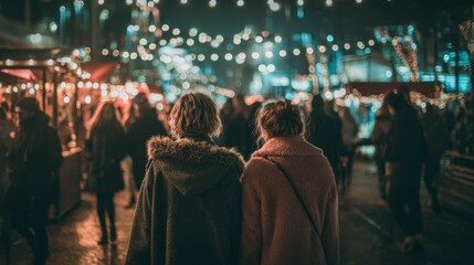 Friends Bundled Up in Coats Walking Through a Vibrant Night Market with Fairy Lights and Busy Crowds