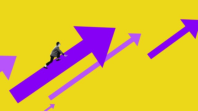 Eye-catching ad. Entrepreneur climbing financial arrow, striving for success against vibrant yellow backdrop. Concept of sales growth, career goals, business development, motivation.