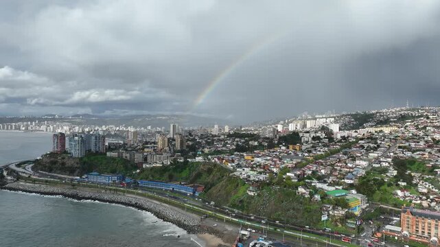 Vina del Mar in Chile with a rainbow. Beautiful aerial image of the coastline.