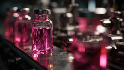 Pink liquid vials on a stainless steel conveyor belt in a dark industrial setting