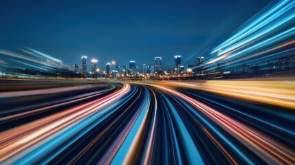 A city skyline with light trails