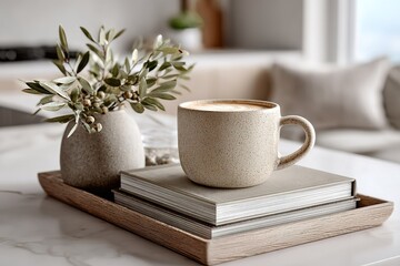 Fototapeta premium Warm coffee cup rests on a wooden tray stacked with books and a vase of greenery in a cozy, modern indoor setting