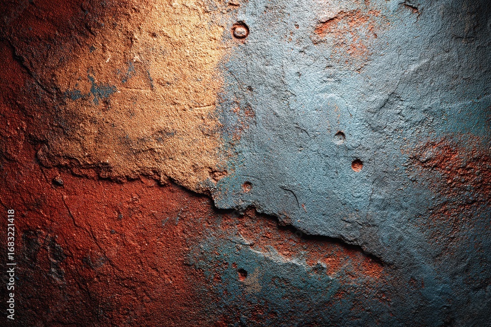 Poster Texture of aged wall showcasing vibrant colors and natural erosion patterns in a rustic setting