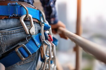 Worker inspects safety harness before climbing on construction site Generative AI