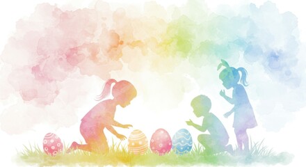 Fototapeta premium Children playing with colorful Easter eggs in spring garden 