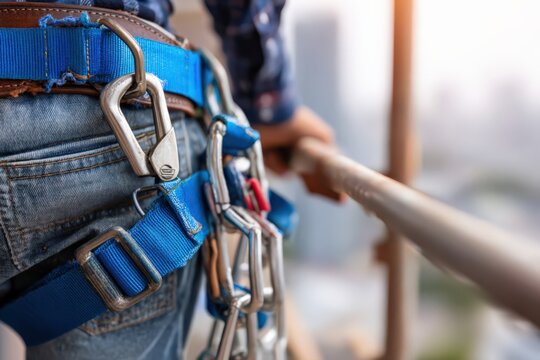 Worker inspects safety harness before climbing on construction site Generative AI