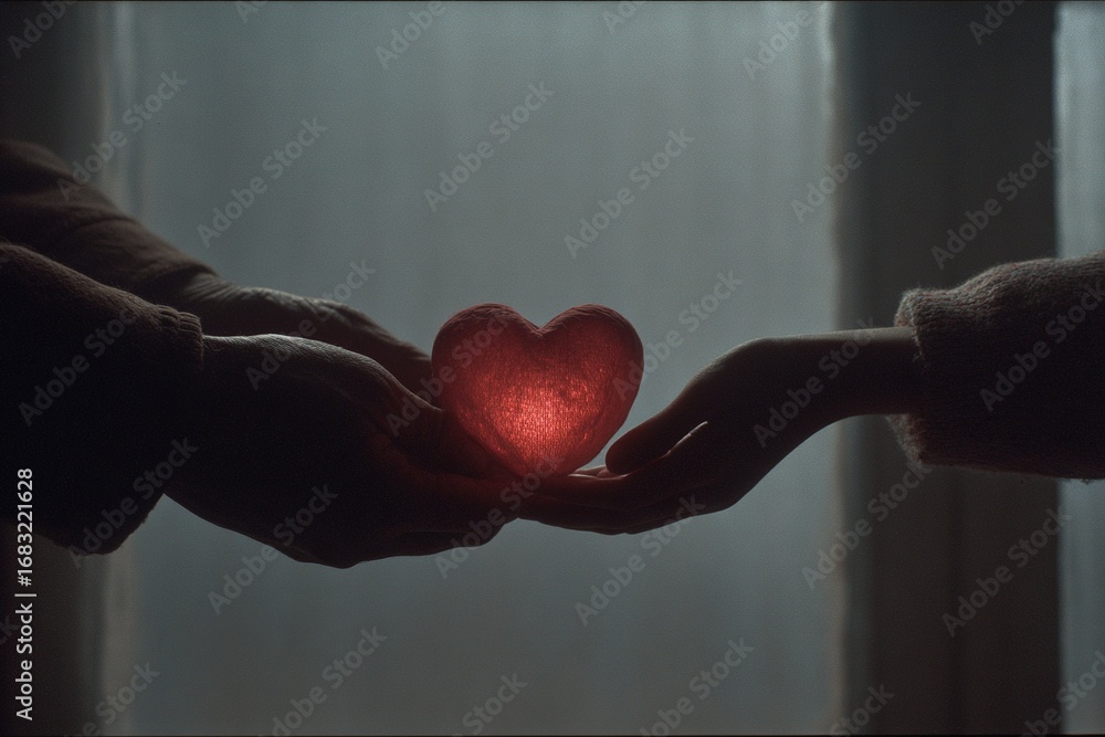 Poster hands exchanging a glowing heart symbolizing love and connection in a soft, intimate setting