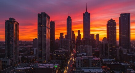 Naklejka premium A vibrant cityscape panorama at sunrise, showcasing towering structures against a fiery orange and purple sky.