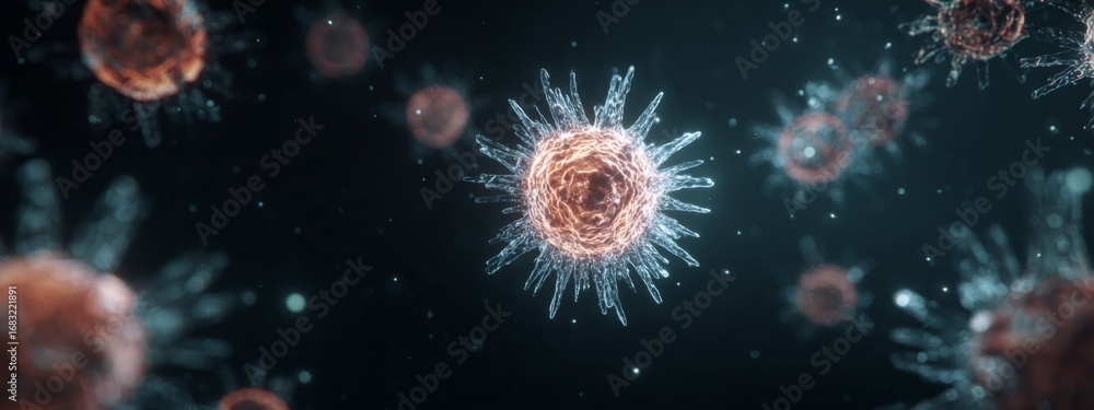 Poster Futuristic Visualization of Immune System with Holographic Elements and Cellular Structures in a Digital Environment