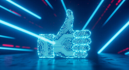 Neon blue thumbs-up symbol, circuit board design, futuristic, digital approval, positive feedback, technology concept