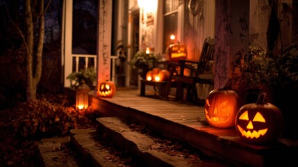 Obraz premium Charming Halloween Porch Display with Carved Pumpkins Glowing Faintly on a Cozy Autumn Evening