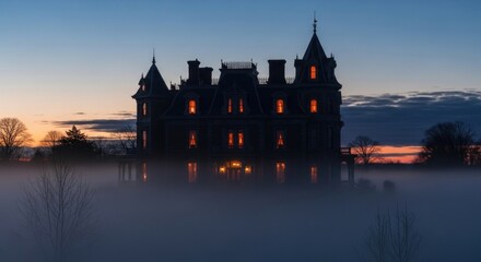Fototapeta premium A silhouette of a castle at dusk with fog and orange lights in the windows and a blue and orange sky