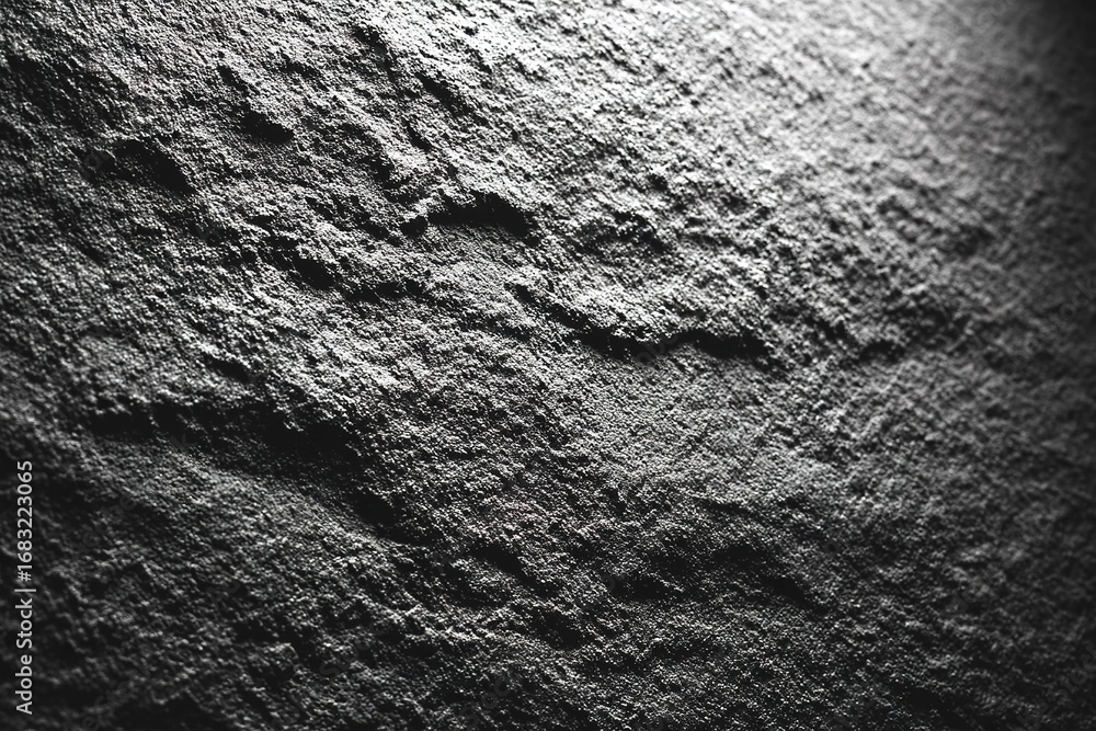 Poster close-up view of textured wall surface with natural patterns and varying shades of gray in soft ligh